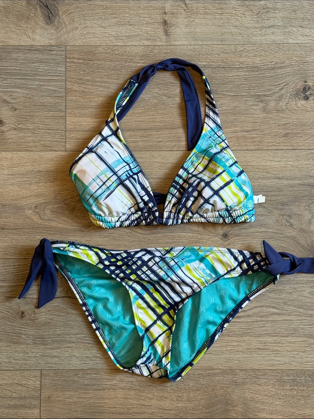 HURLEY Navy & Teal Plaid Halter Bikini Large Surfer Skater Streetwear